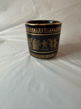Vintage handmade Greek Gods cup made from black porcelain & 24kt gold trim